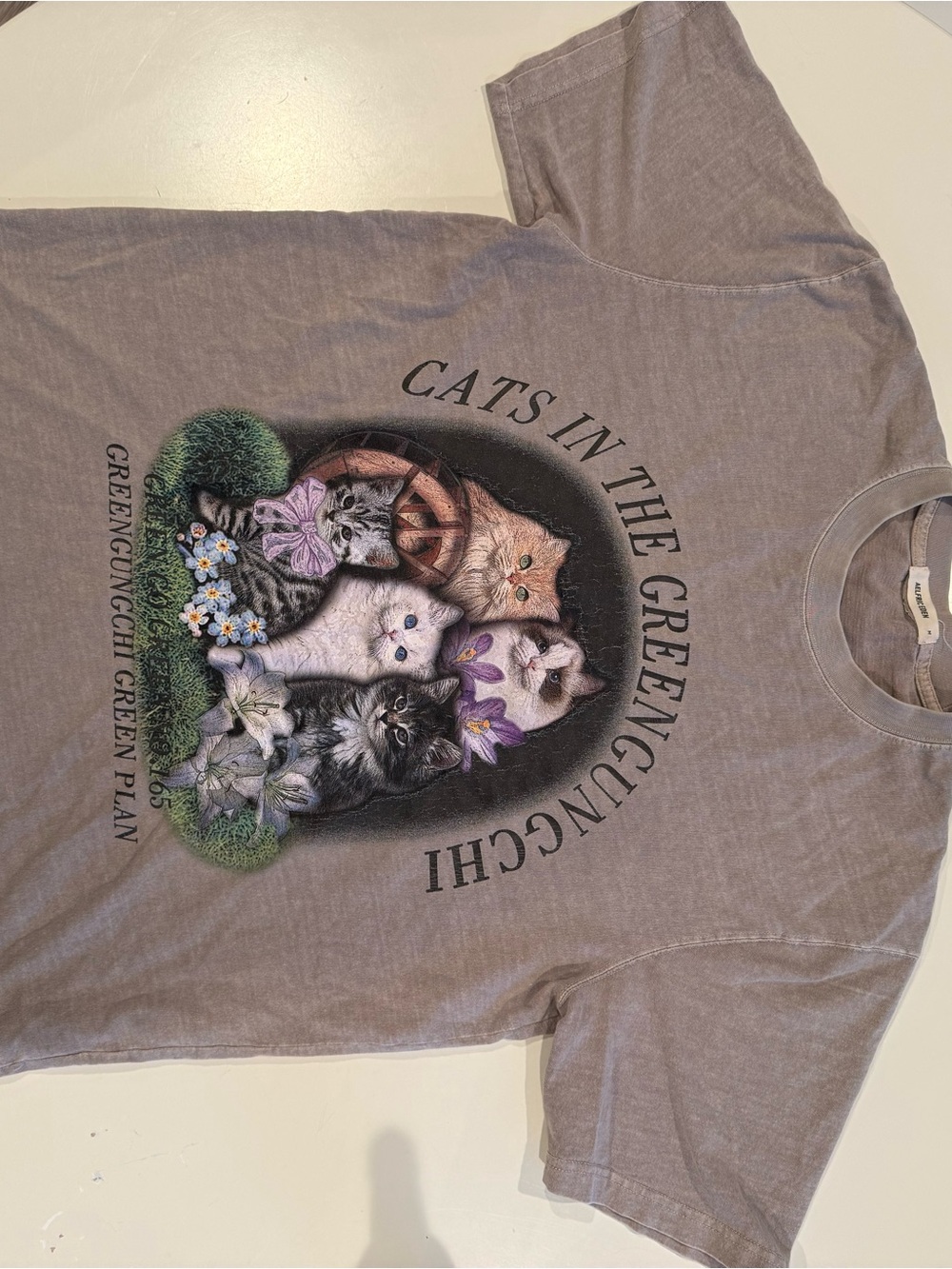 Aelfric Eden Lavender-Gray Tee with Floral Kitten Portrait